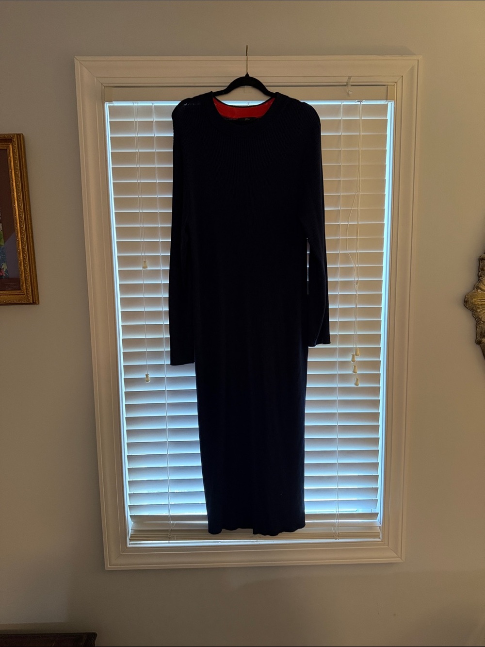J. Crew Navy Long-Sleeve Maxi Dress with Red Neckline Accent